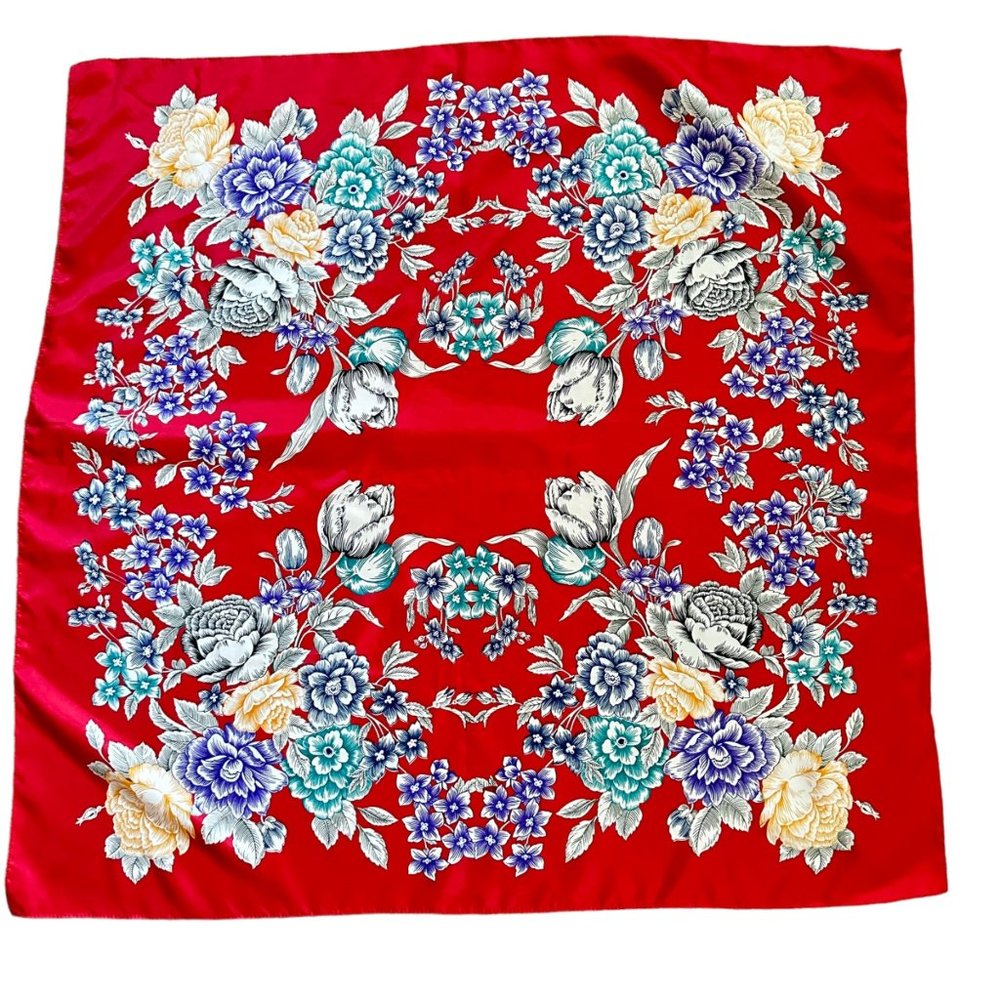 Vintage 80s Morsly Floral Square Scarf Peonies Red Teal Indigo Elegant New Wave